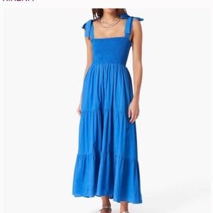Xirena women's Tiered Maxi Dress Smocked Tie Strap Blue Casual Size S